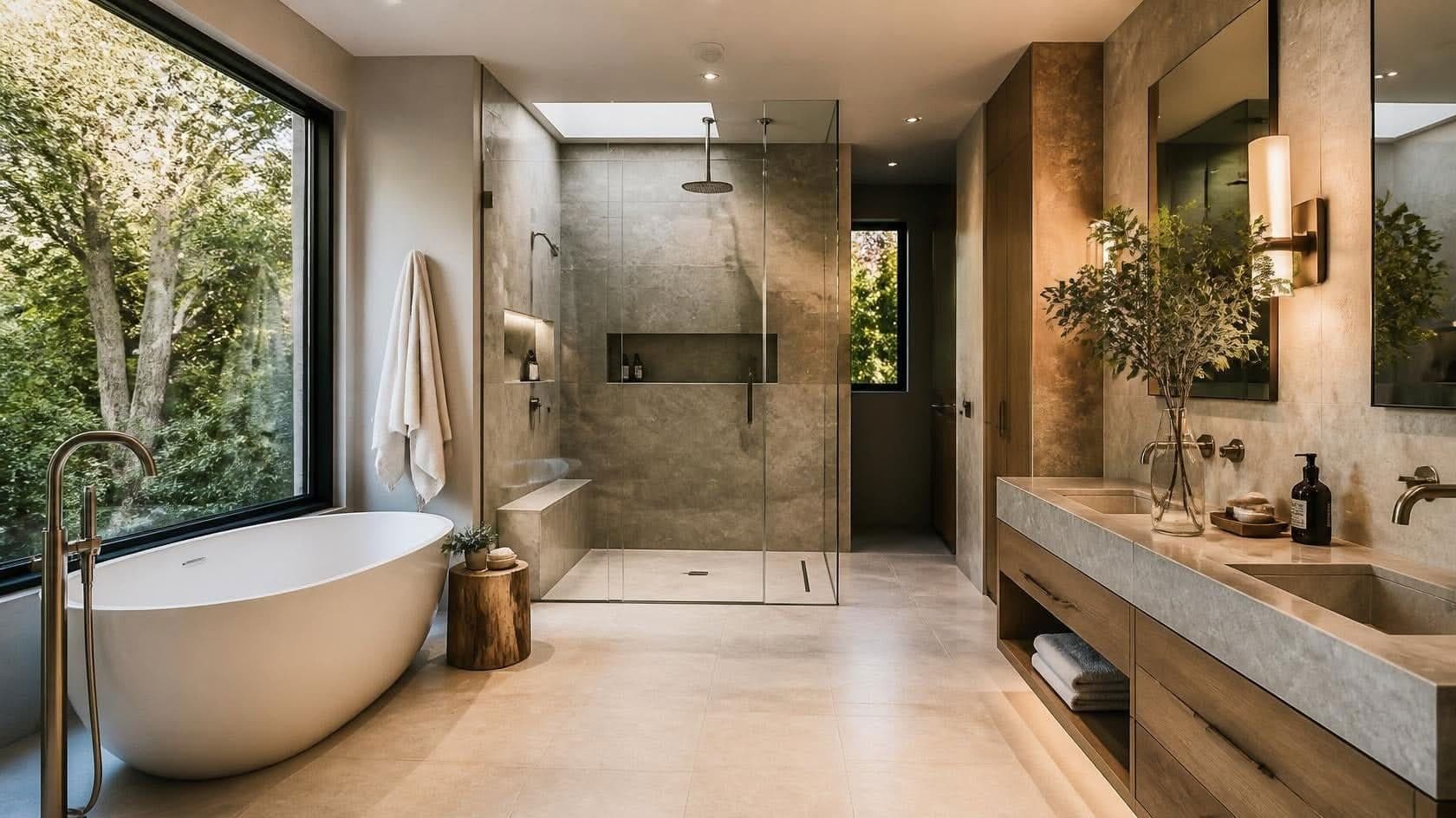 Luxury bathroom remodel concept with freestanding tub, glass shower, and large window